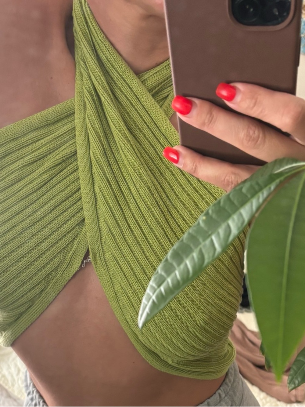 Camila Coelho Lime Green Ribbed Knit Halter Top